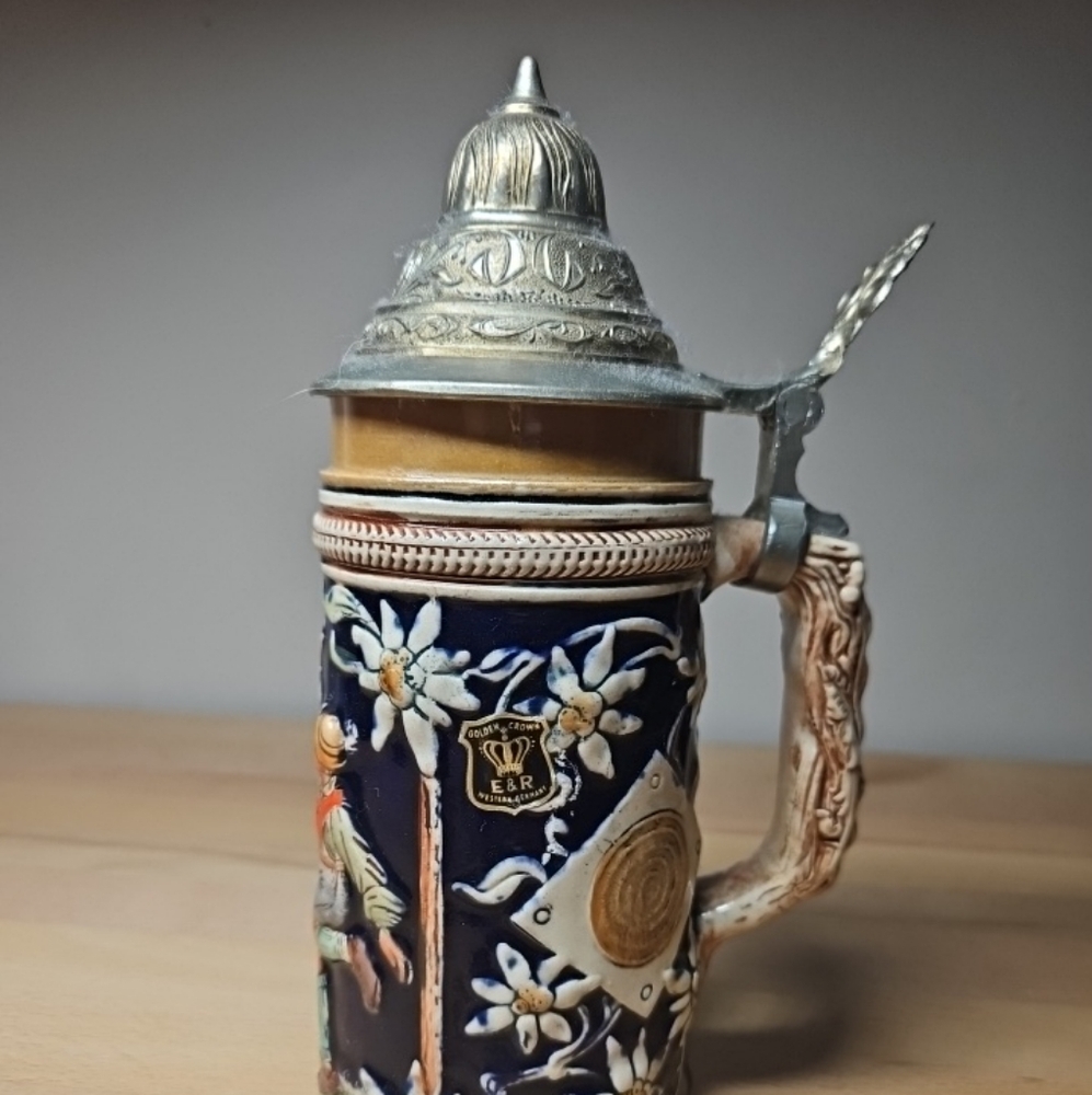 Vintage Golden Crown E&R Western Germany Beer Stein, lidded Beer Stein 9inch